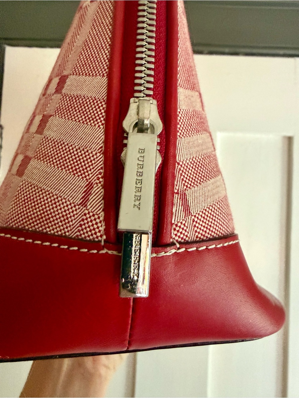 Burberry Red Plaid Satchel with Leather Trim - Picture 6 of 9